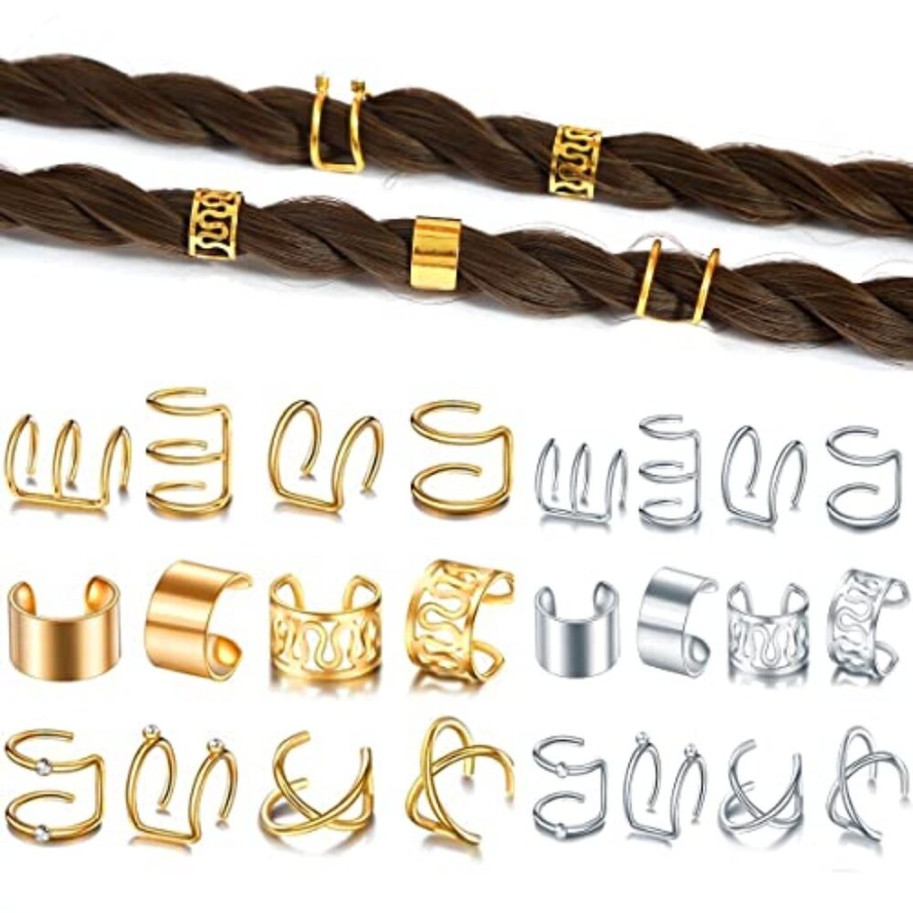 24‎ Pcs Gold Silver Hair Braids Dreadlock Non-Piercing Ear Clip Beard Beads